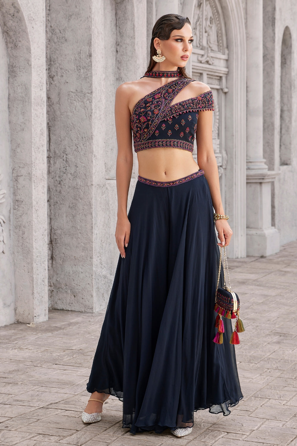 Navy Blue Georgette Palazzo Set with Cutdana and Resham Embroidery Work