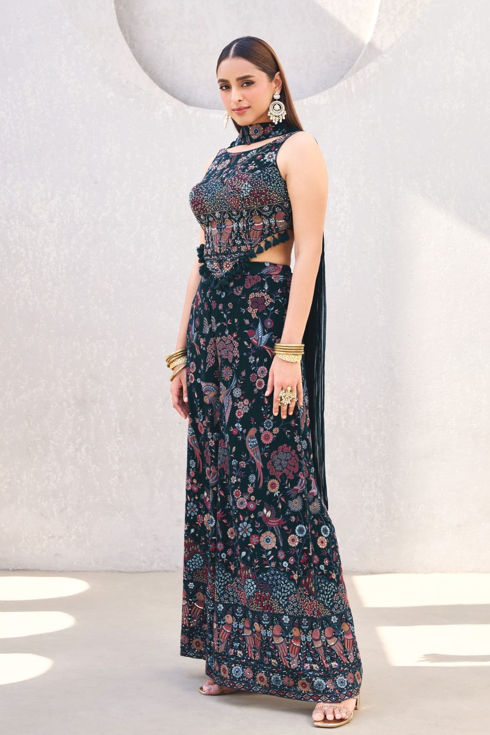 Navy Blue Handcrafted Georgette Palazzo Co-Ord Set