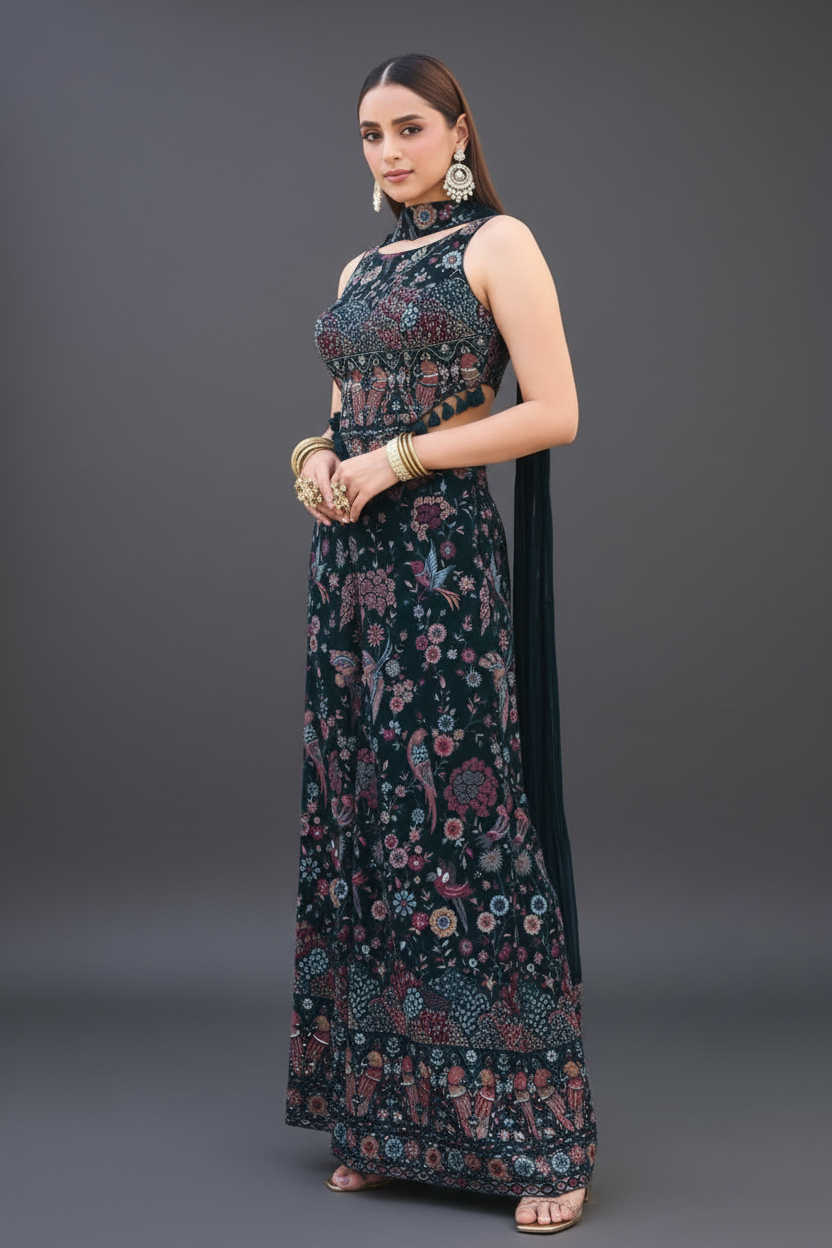 Navy Blue Handcrafted Georgette Palazzo Co-Ord Set