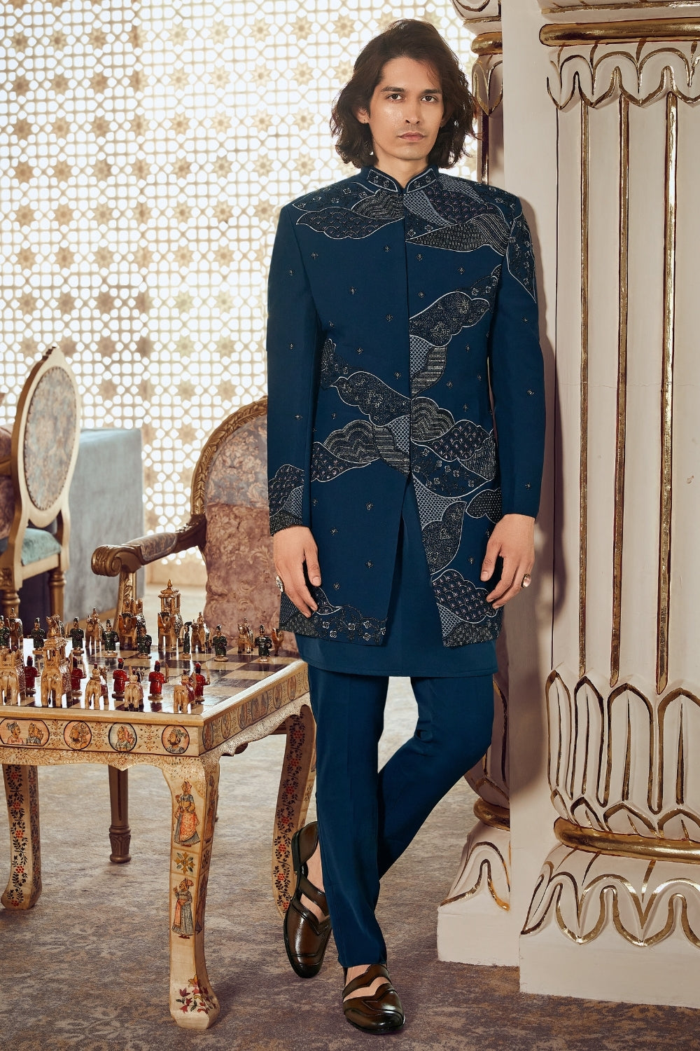 Navy Blue Imported Indo Western with Cutdana and Embroidery