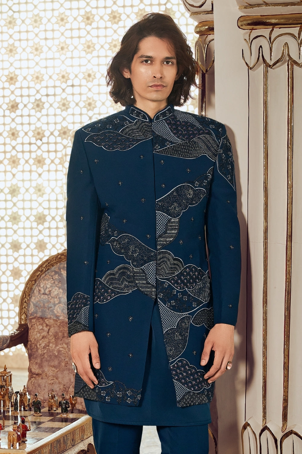 Navy Blue Imported Indo Western with Cutdana and Embroidery