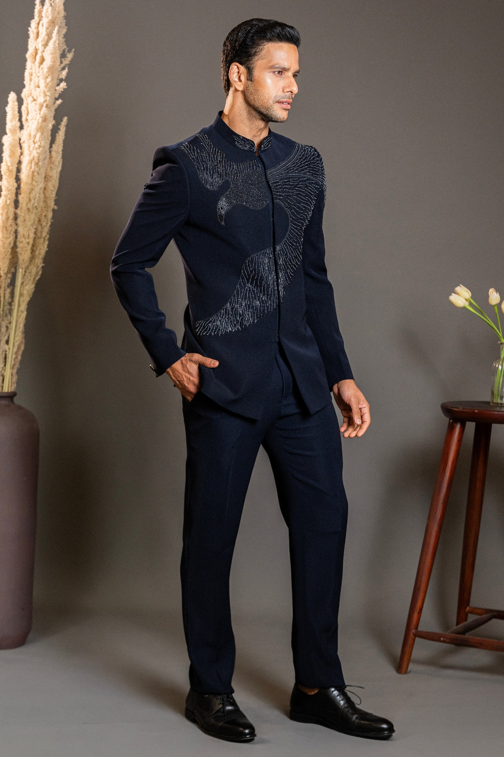 Navy Blue Imported Jodhpuri Suit with Cutdana and Stone Work