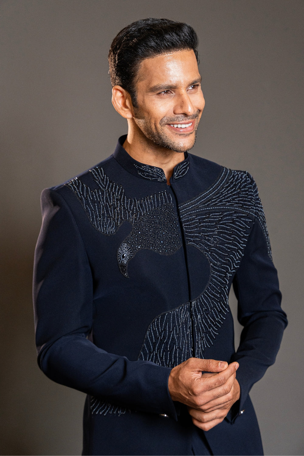 Navy Blue Imported Jodhpuri Suit with Cutdana and Stone Work
