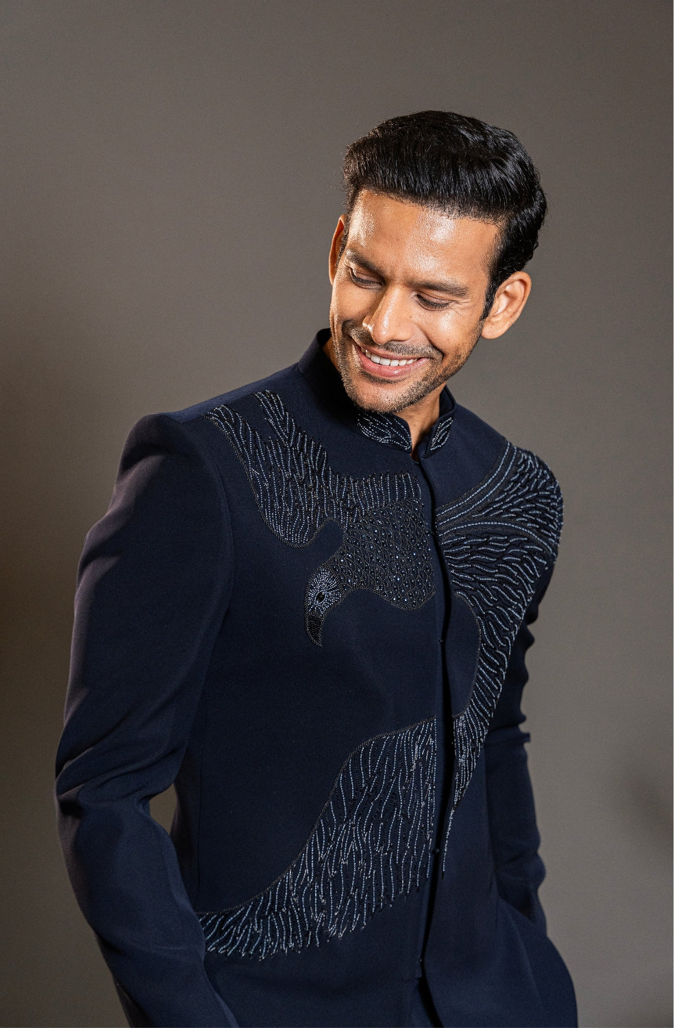 Navy Blue Imported Jodhpuri Suit with Cutdana and Stone Work