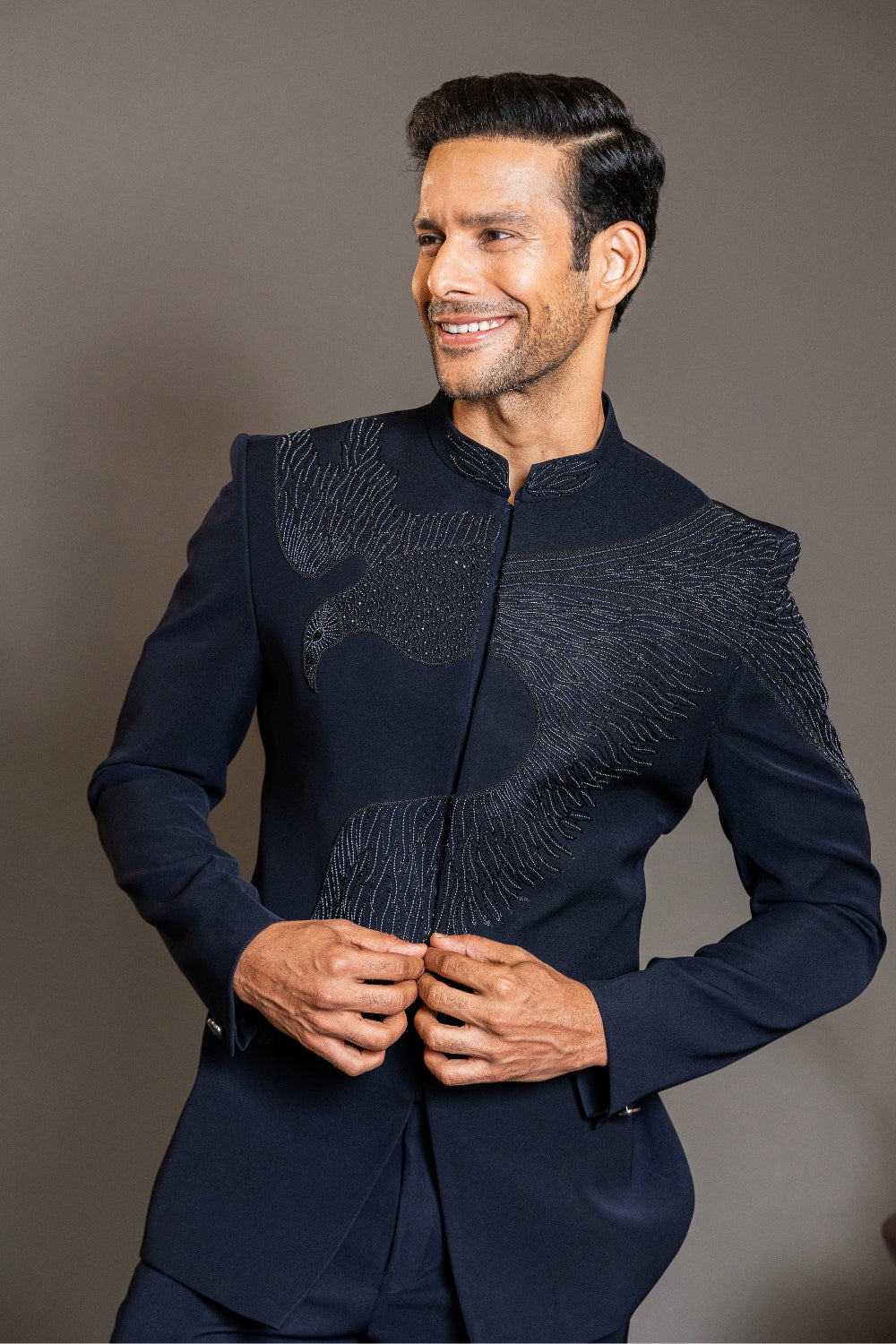 Navy Blue Imported Jodhpuri Suit with Cutdana and Stone Work