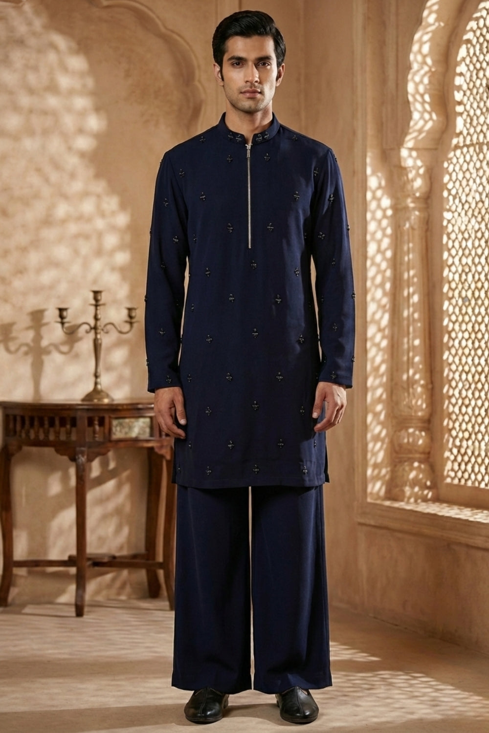 Navy Blue Imported Kurta Set with Cutdana and Moti Work