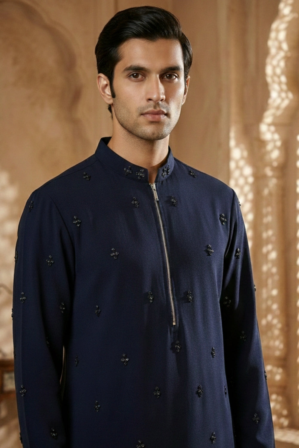 Navy Blue Imported Kurta Set with Cutdana and Moti Work