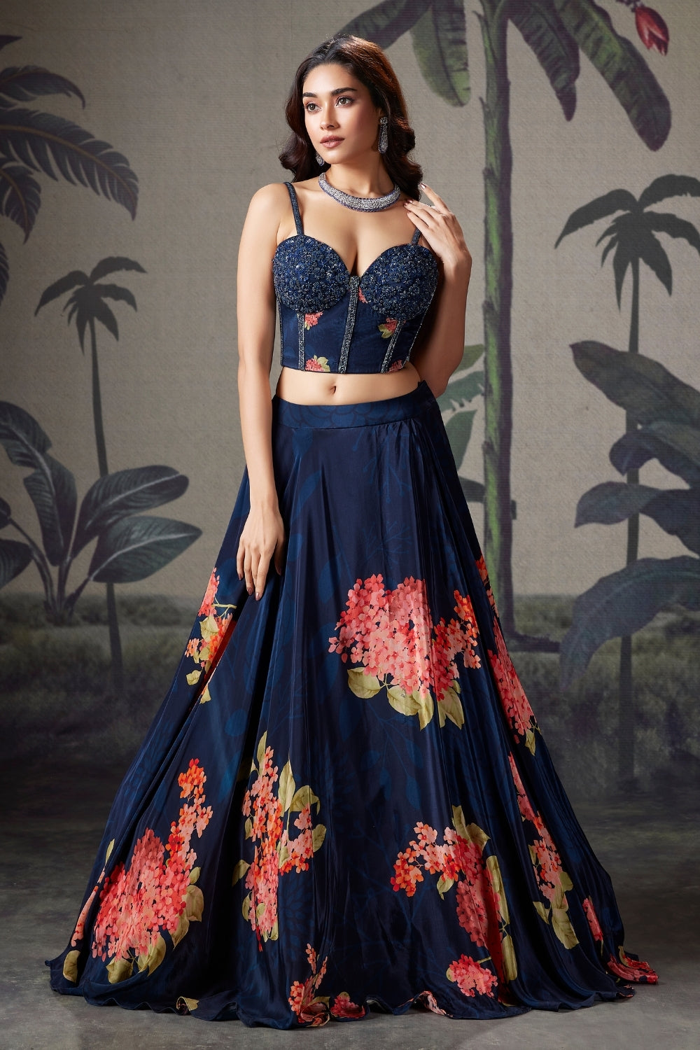 Navy Blue Organza Lehenga Set with Cutdana and Moti