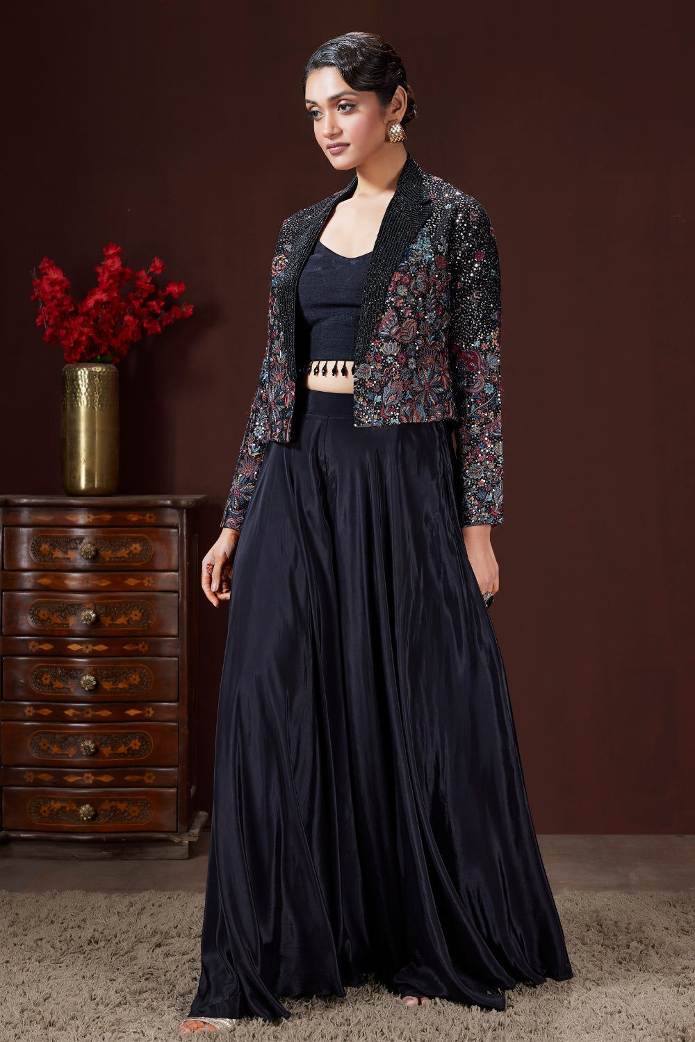 Navy Blue Silk Palazzo Set with Cutdana and Zari Work
