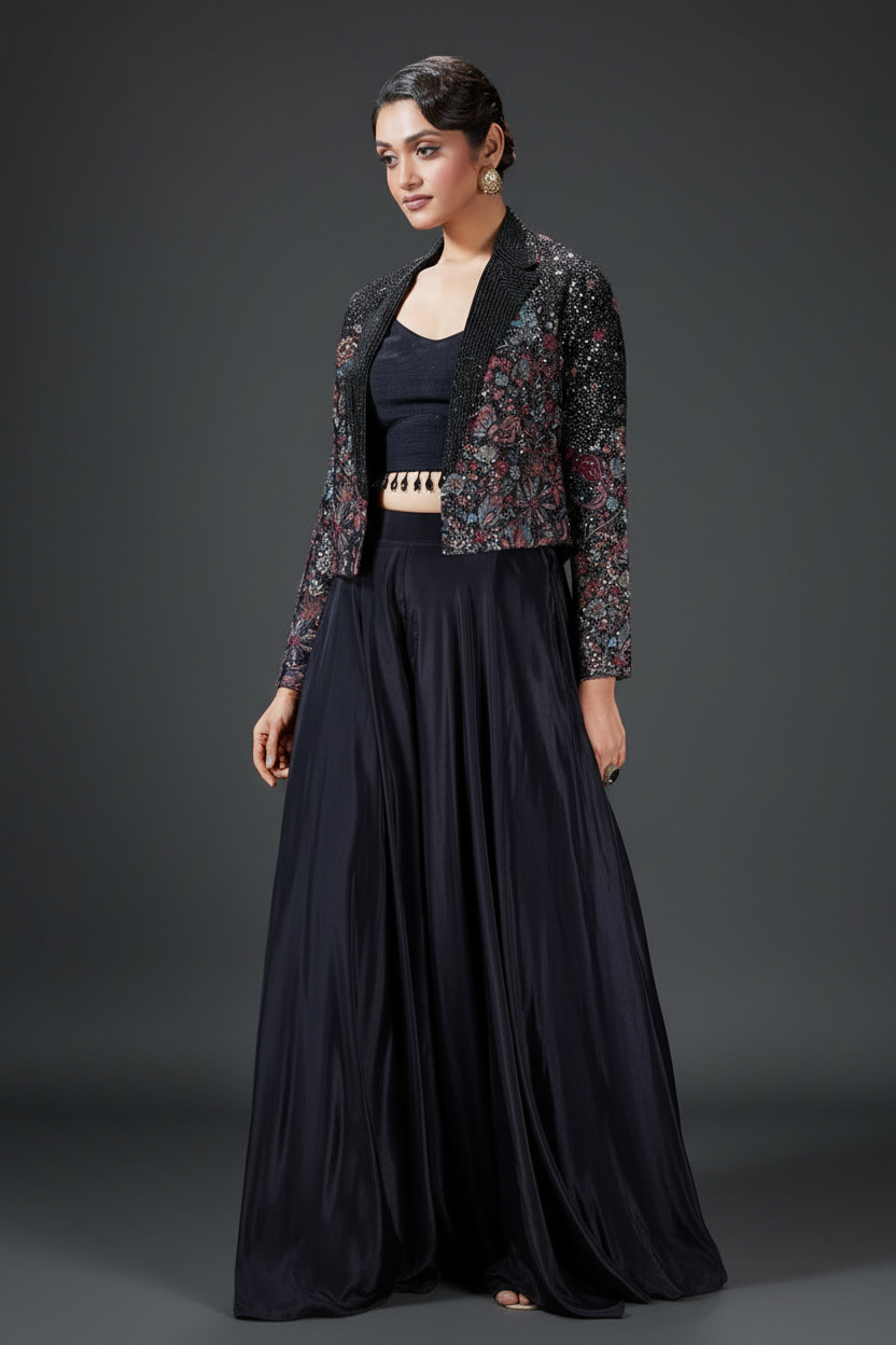 Navy Blue Silk Palazzo Set with Cutdana and Zari Work