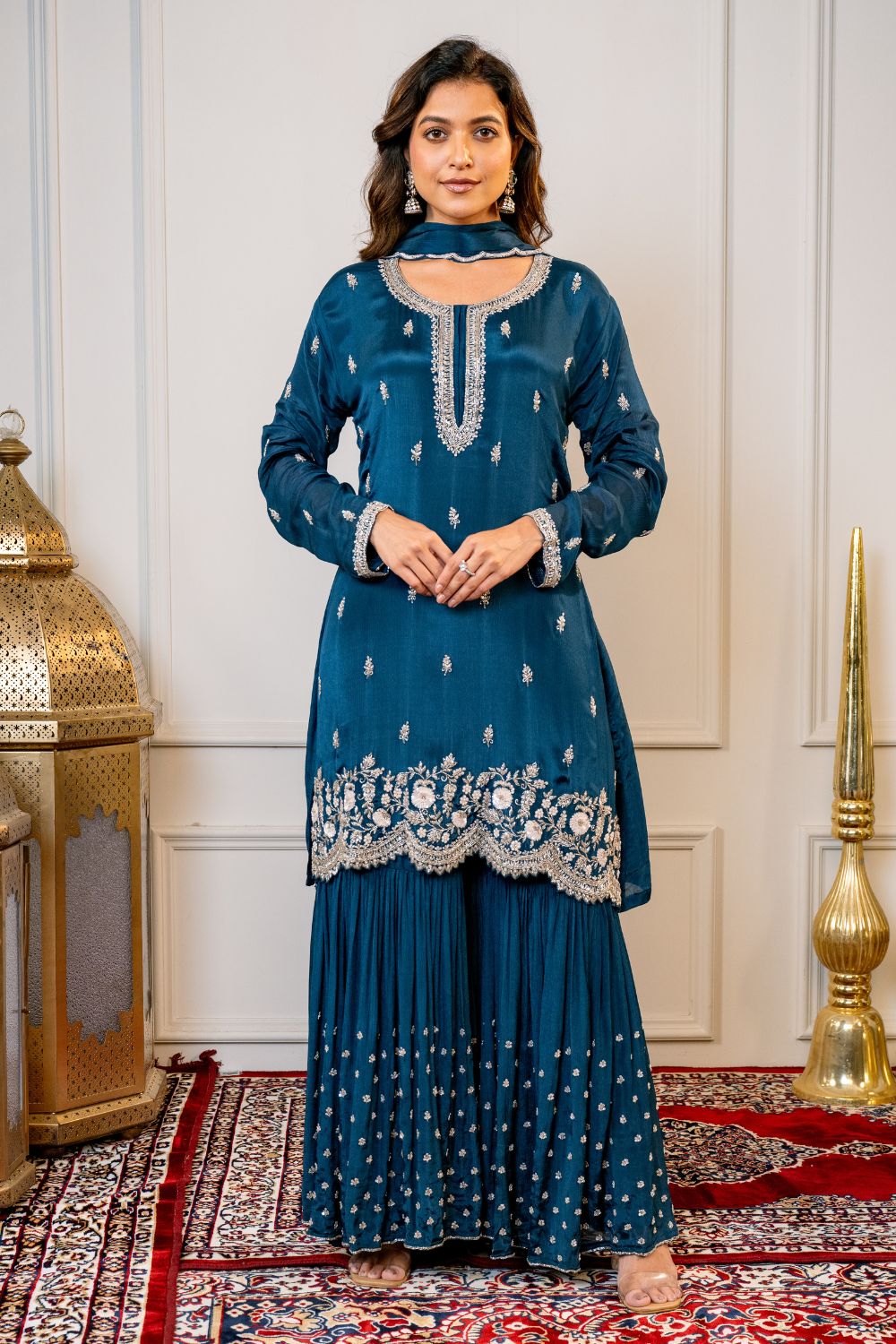 Navy Blue Silk Suit Set with Cutdana and Sequins Work