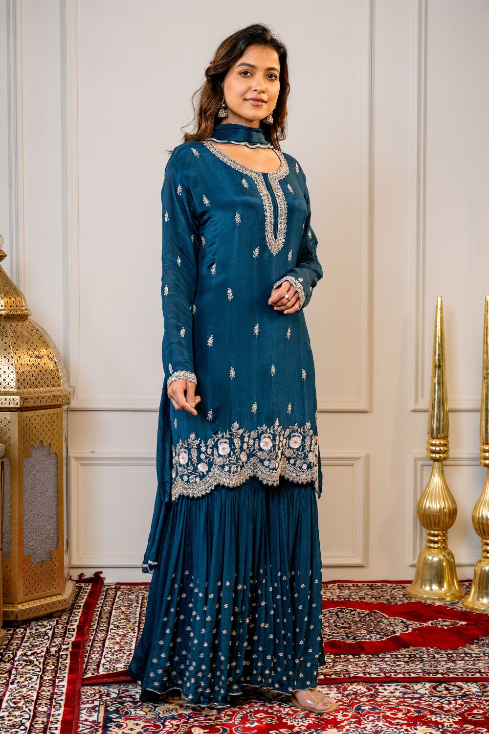 Navy Blue Silk Suit Set with Cutdana and Sequins Work