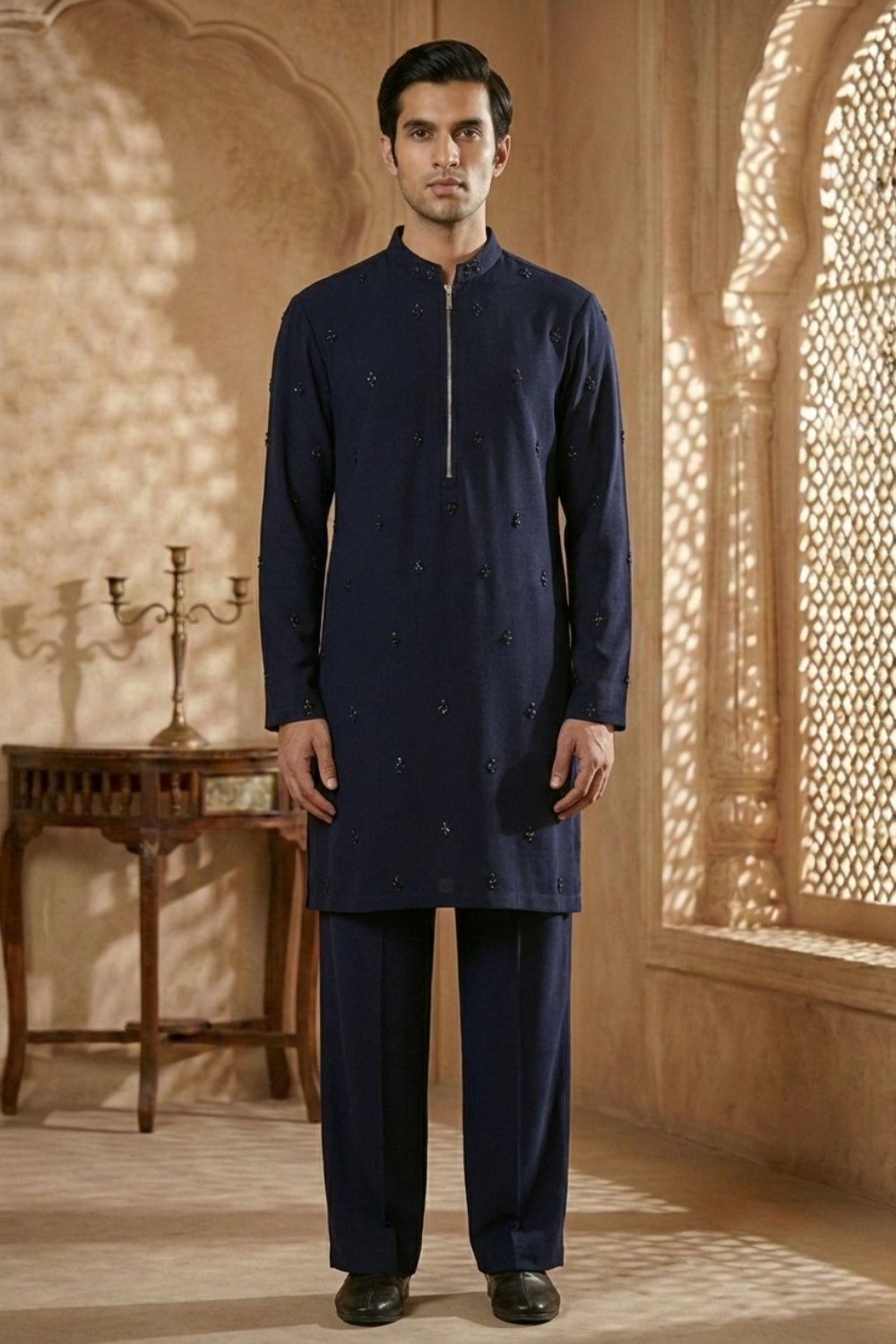 Navy Blue Imported Kurta Set with Cutdana and Moti Work