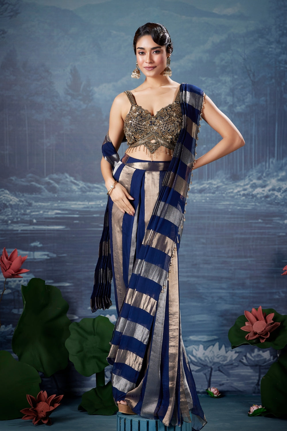 Navy and Gold Silk Saree with Cutdana and Beads Work