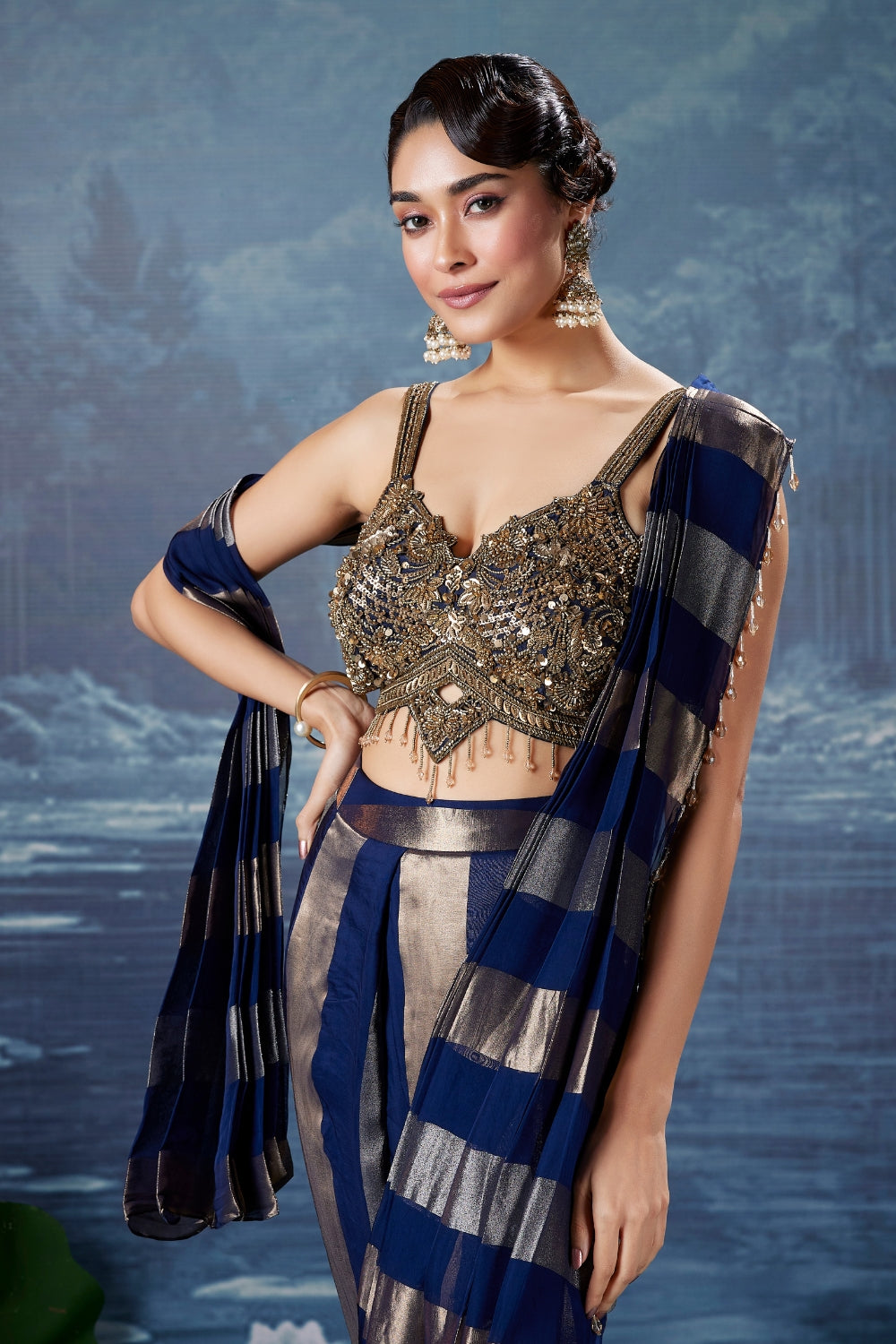 Navy and Gold Silk Saree with Cutdana and Beads Work