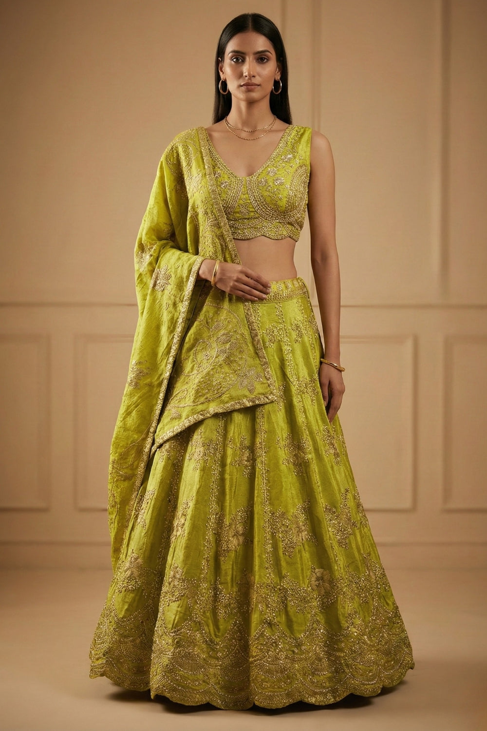 Neon Green Tissue Silk Lehenga Set with Cutdana and Moti Work