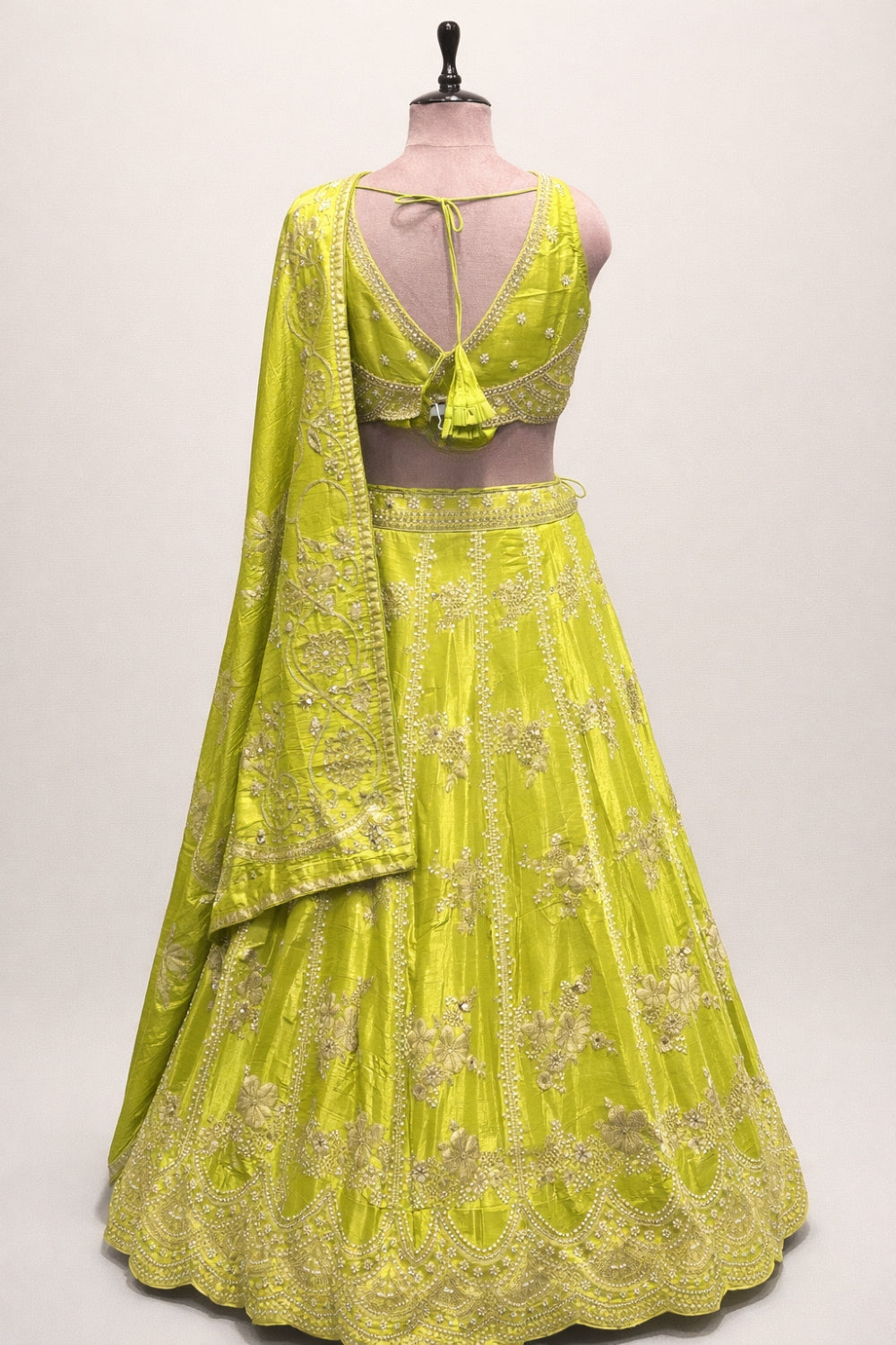 Neon Green Tissue Silk Lehenga Set with Cutdana and Moti Work