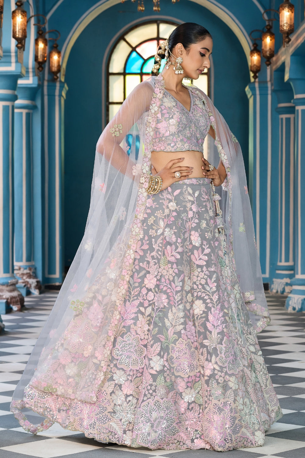 Net Lehenga Choli with Moti and Cutdana Work