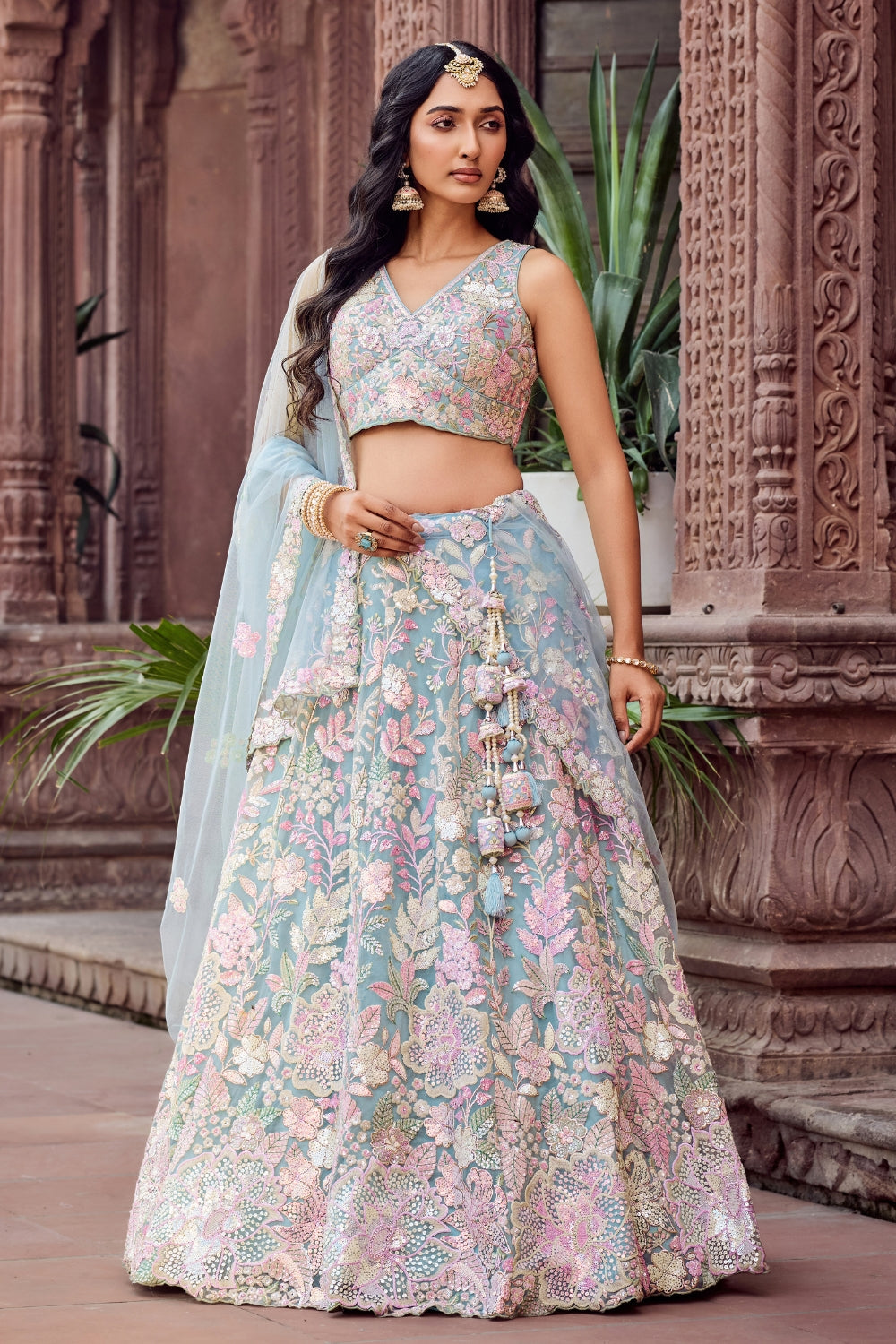 Net Lehenga Choli with Moti and Cutdana Work