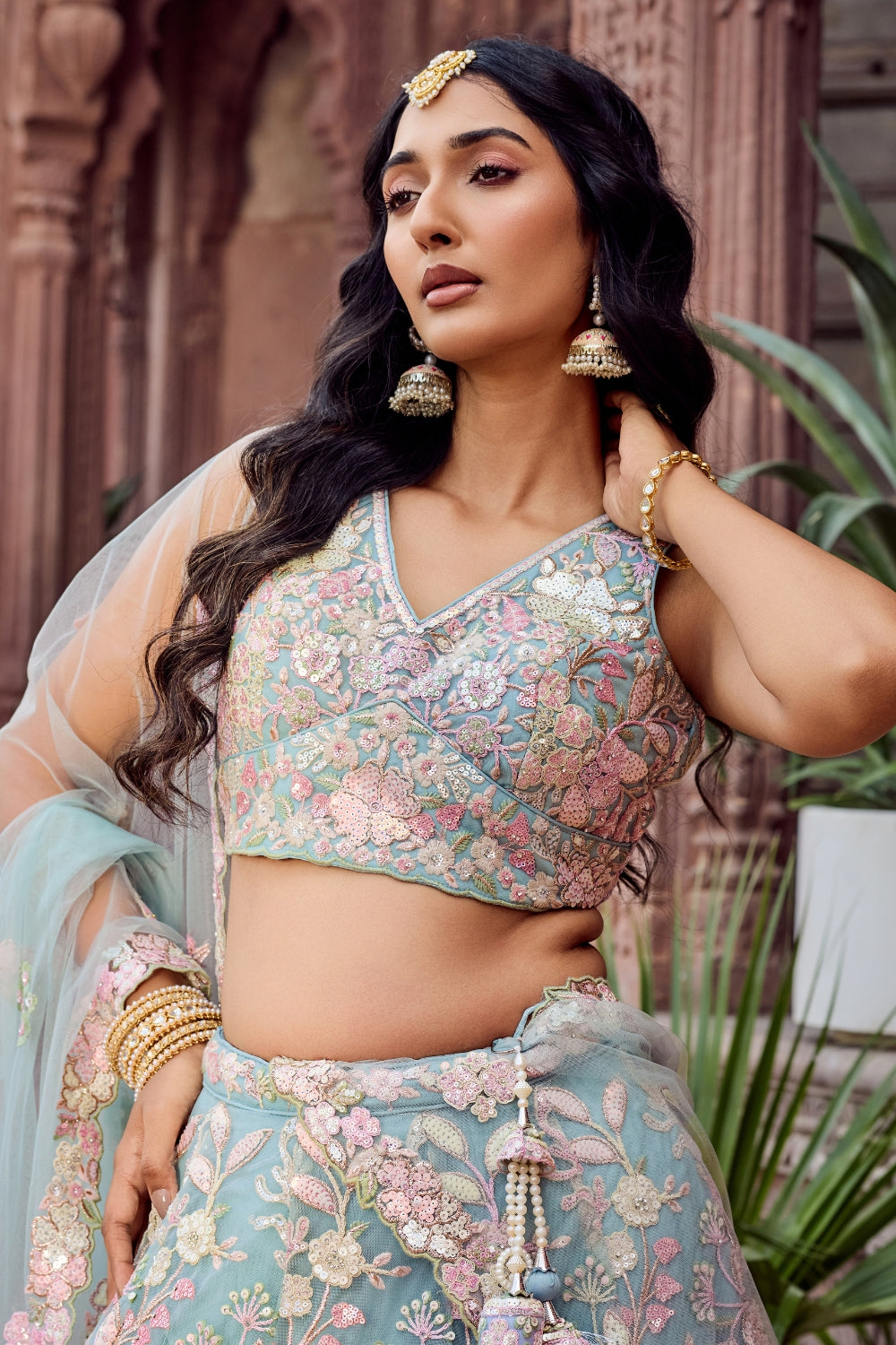 Net Lehenga Choli with Moti and Cutdana Work
