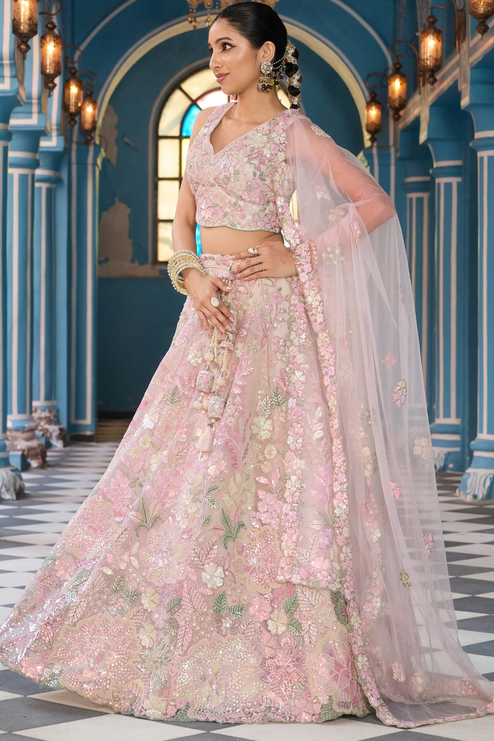 Net Lehenga Choli with Moti and Cutdana Work