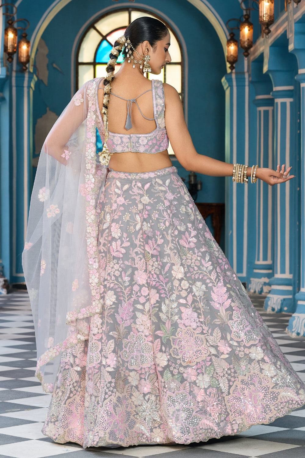 Net Lehenga Choli with Moti and Cutdana Work