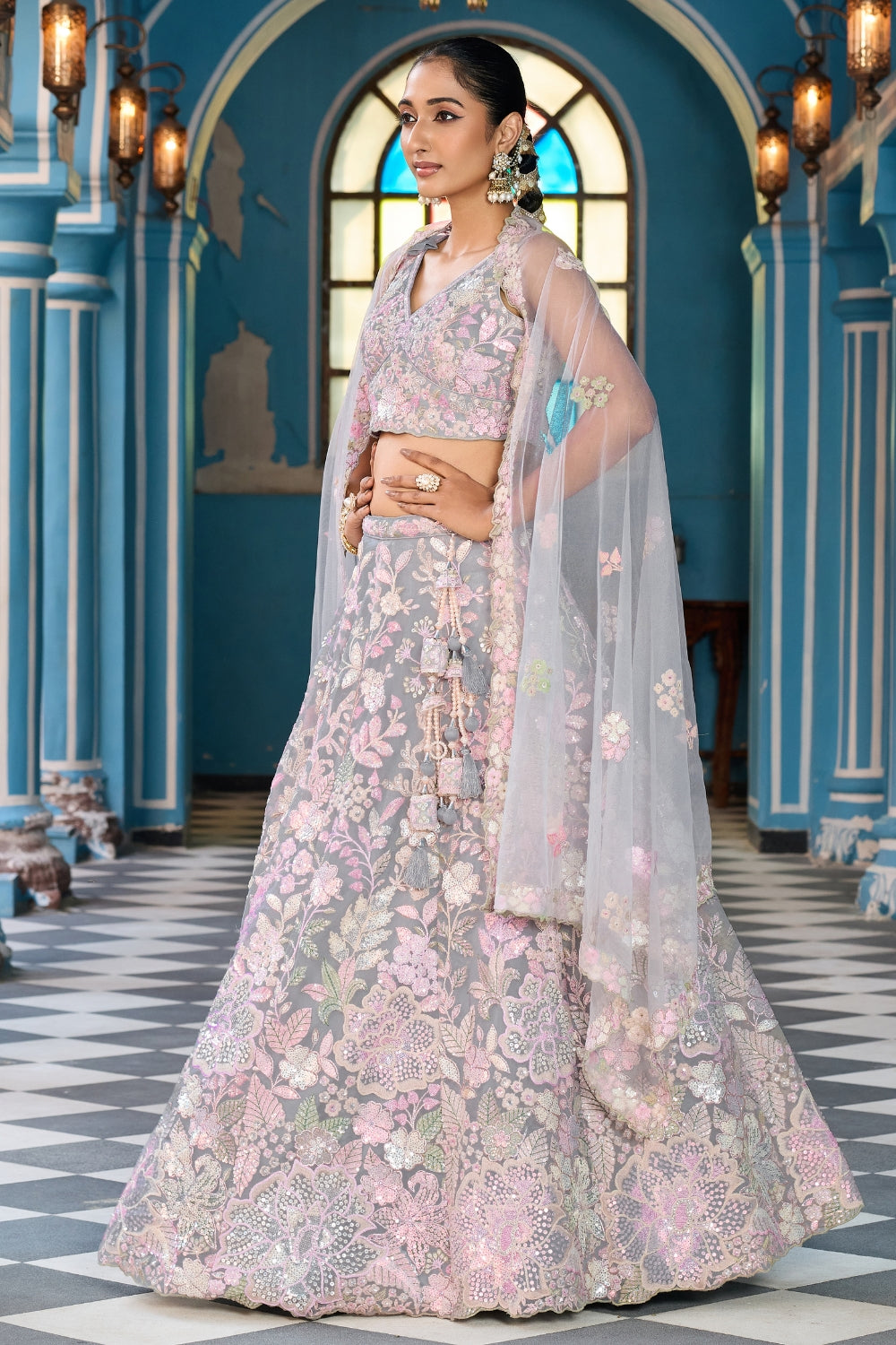 Net Lehenga Choli with Moti and Cutdana Work