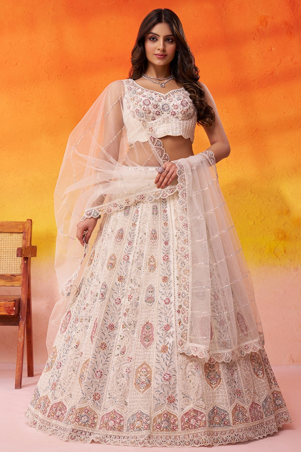 Net Lehenga Set with Embroidery and Sequins Work