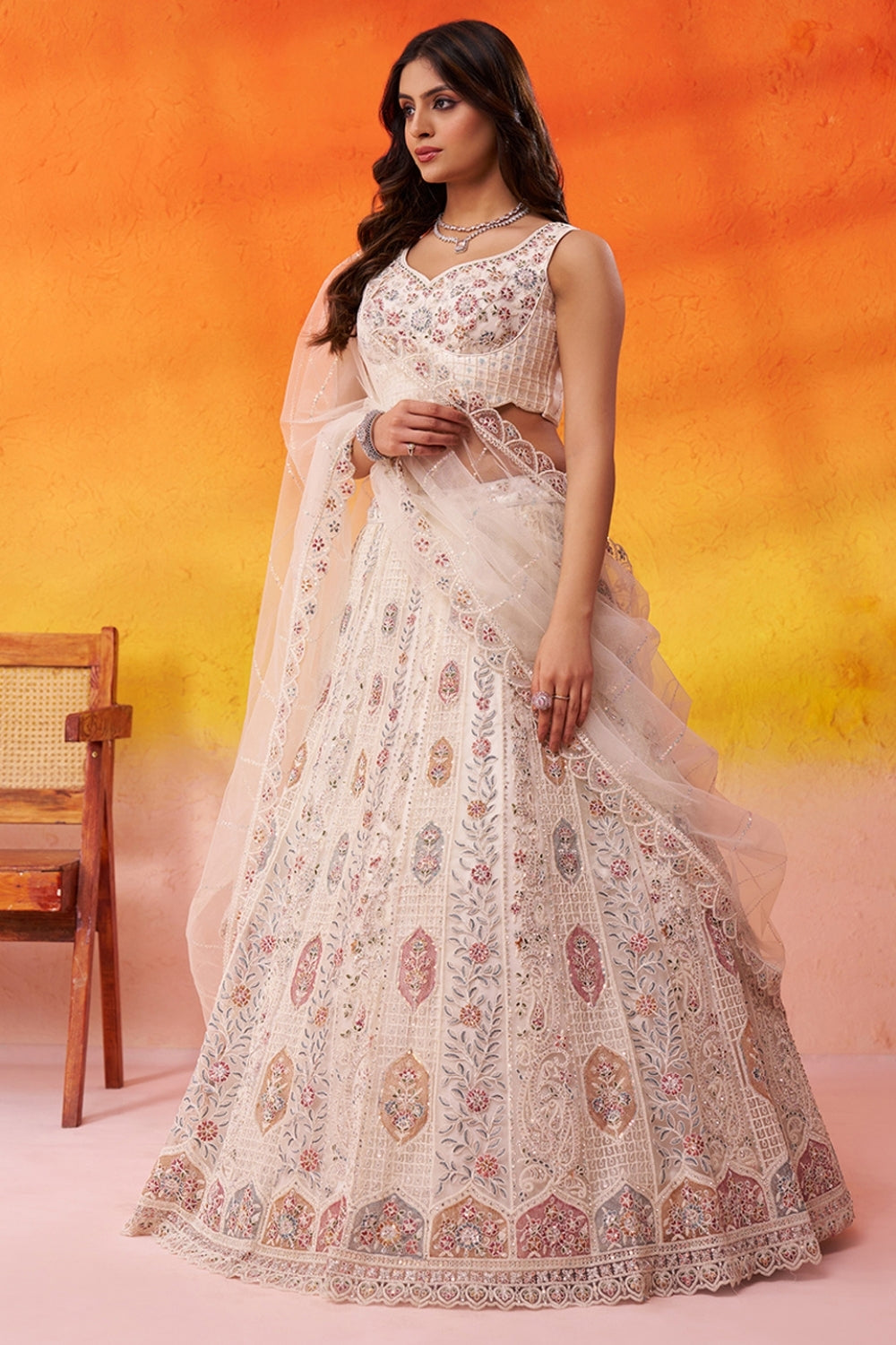 Net Lehenga Set with Embroidery and Sequins Work