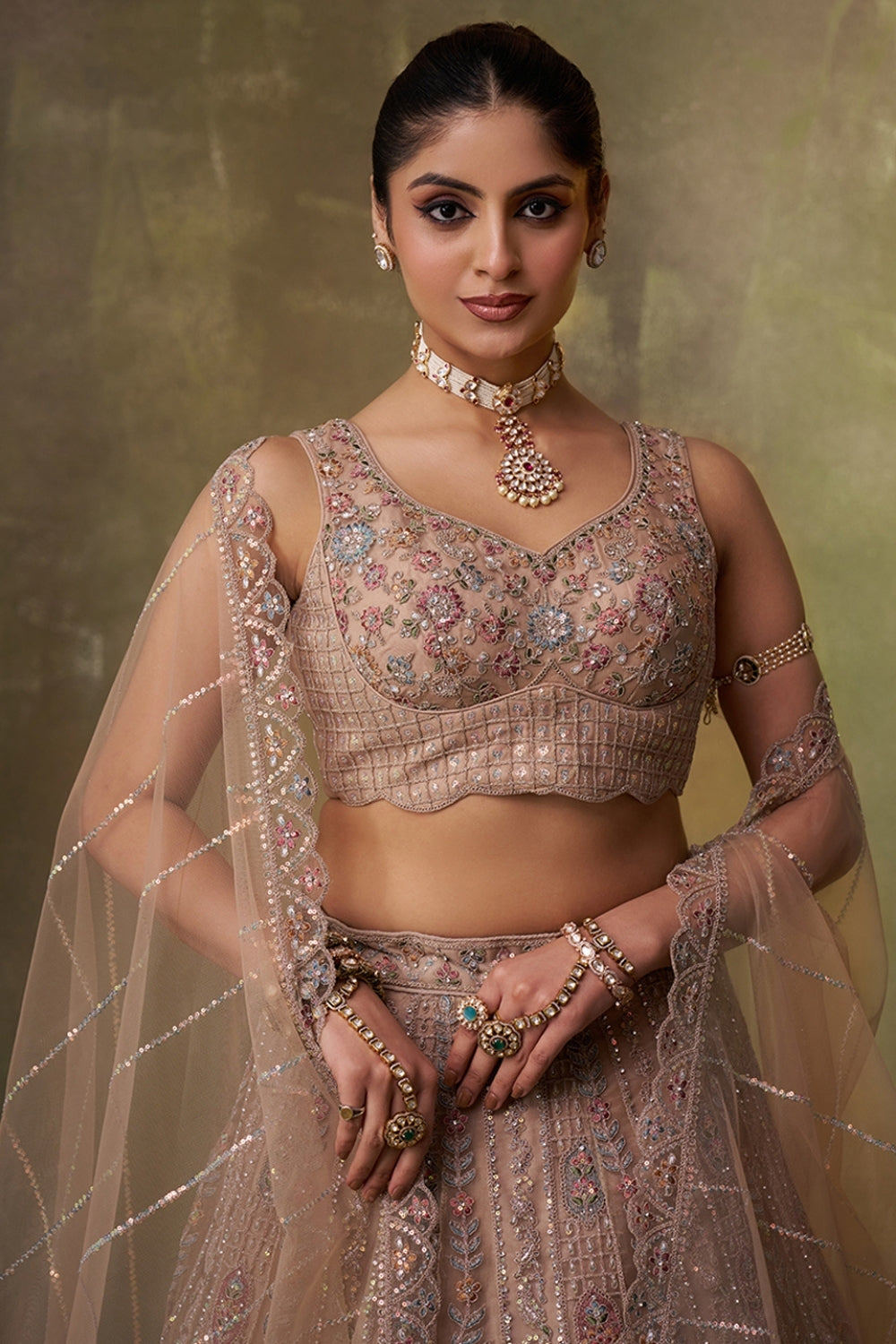 Net Lehenga Set with Embroidery and Sequins Work