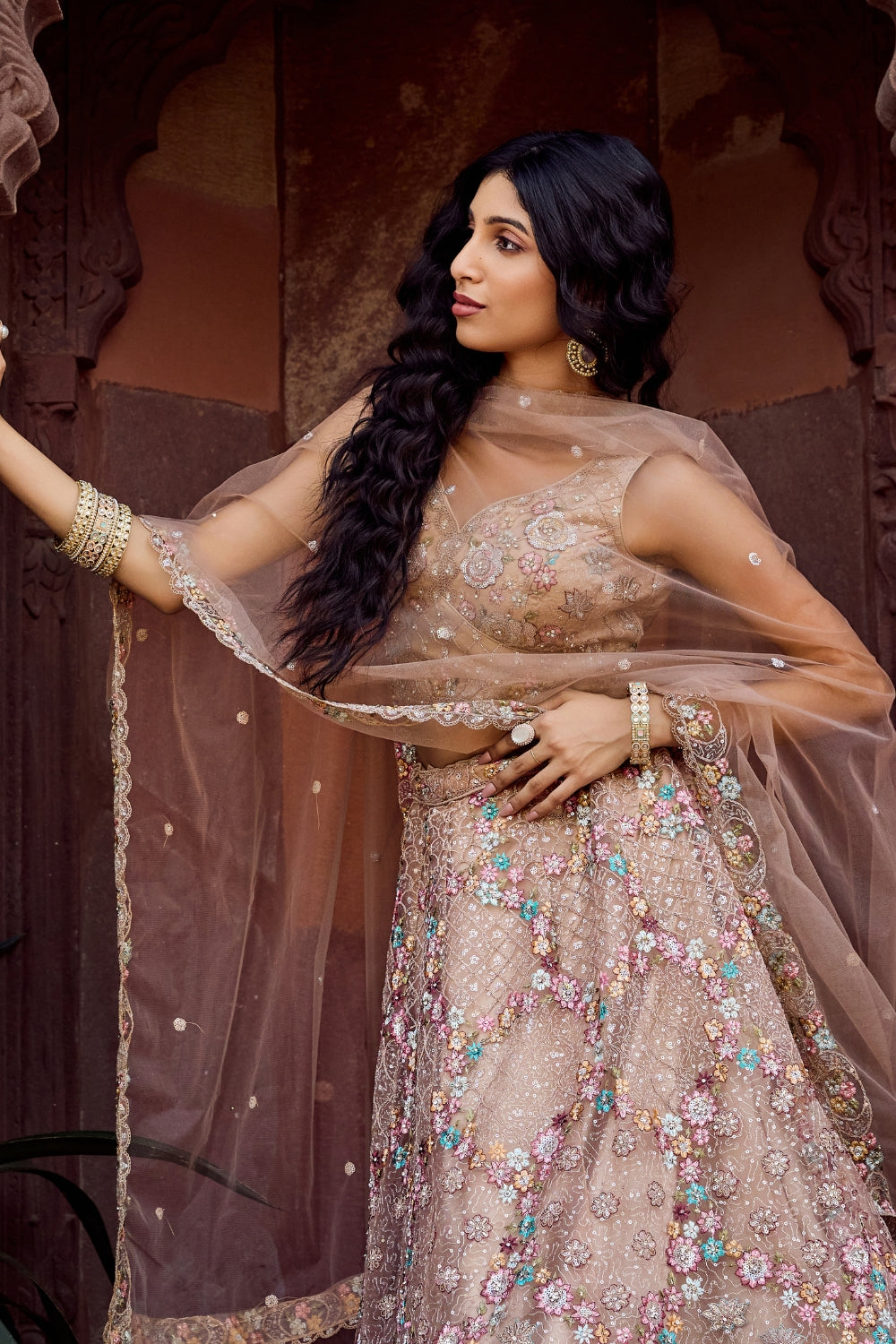 Net Lehenga Set with Resham Embroidery and Sequins Work