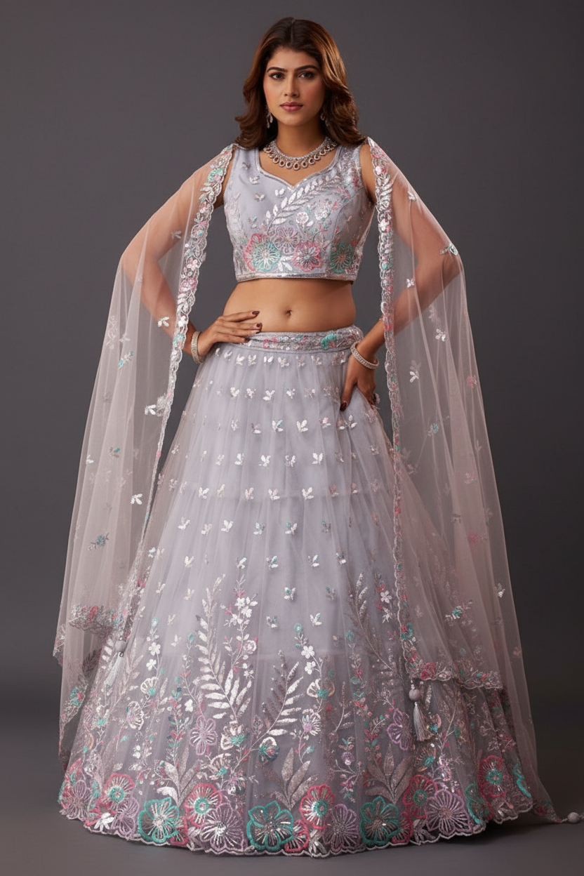 Net Lehenga Set with Resham Embroidery and Sequins Work