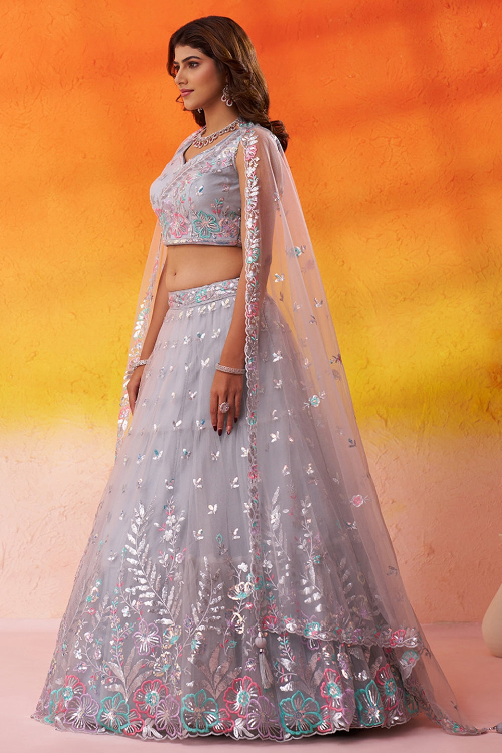 Net Lehenga Set with Resham Embroidery and Sequins Work