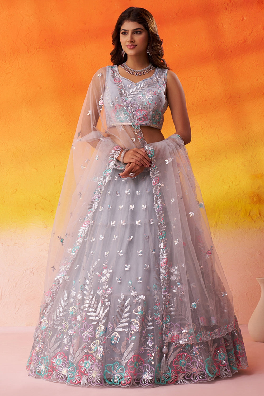 Net Lehenga Set with Resham Embroidery and Sequins Work