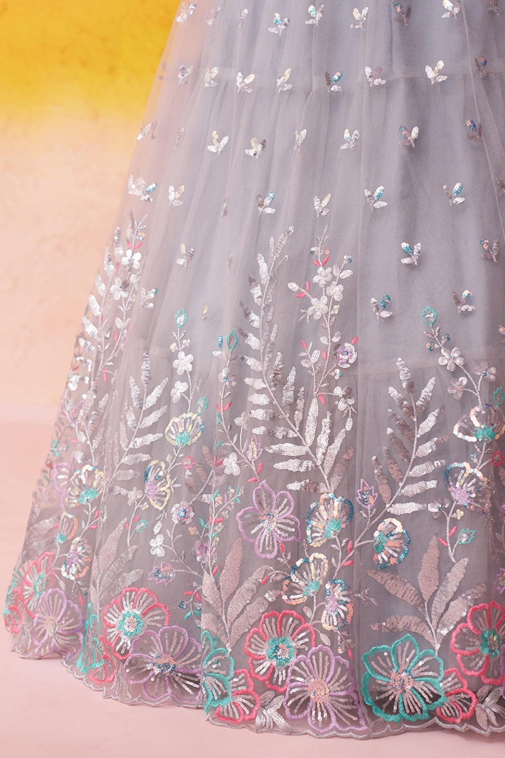 Net Lehenga Set with Resham Embroidery and Sequins Work