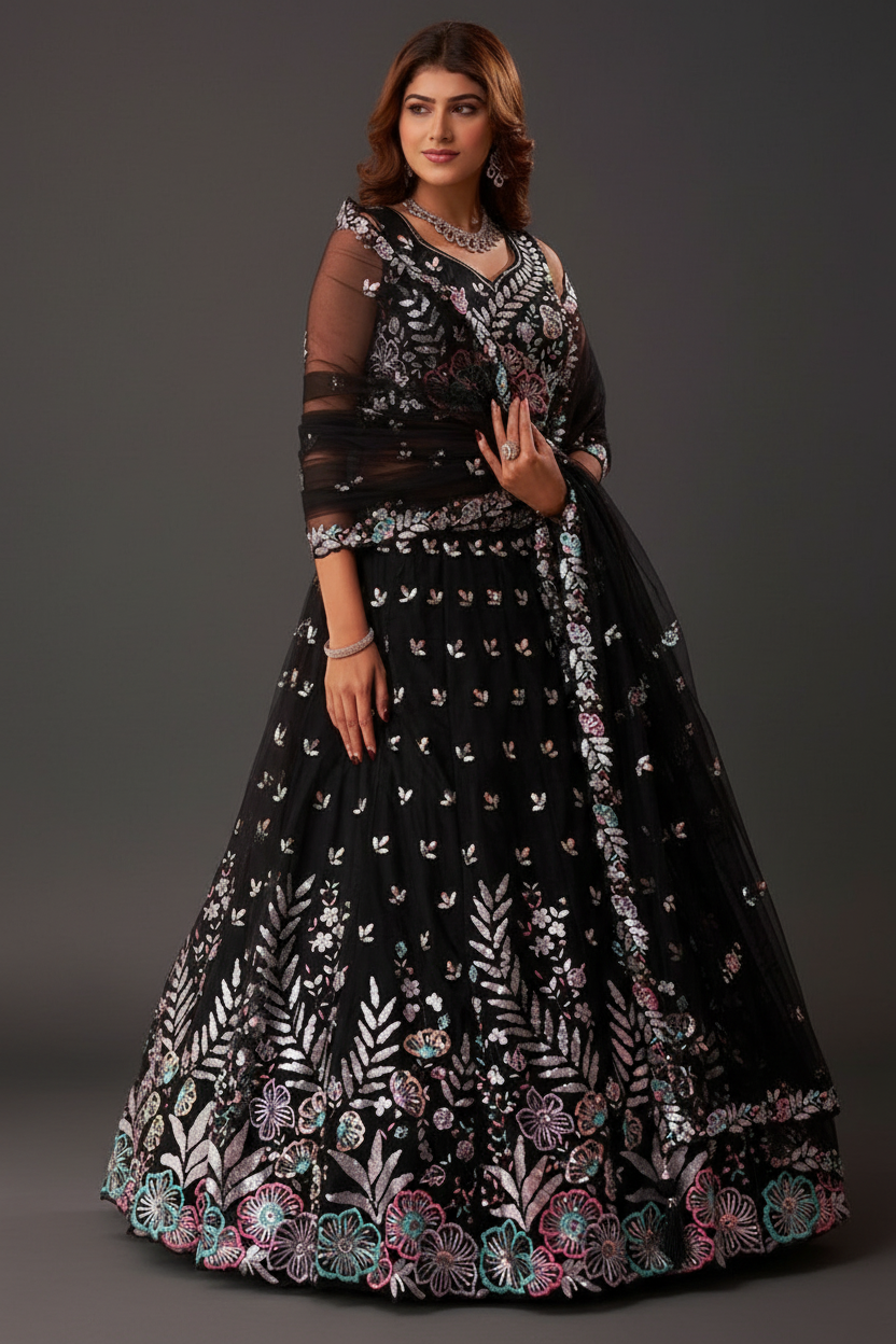 Net Lehenga Set with Resham Embroidery and Sequins Work