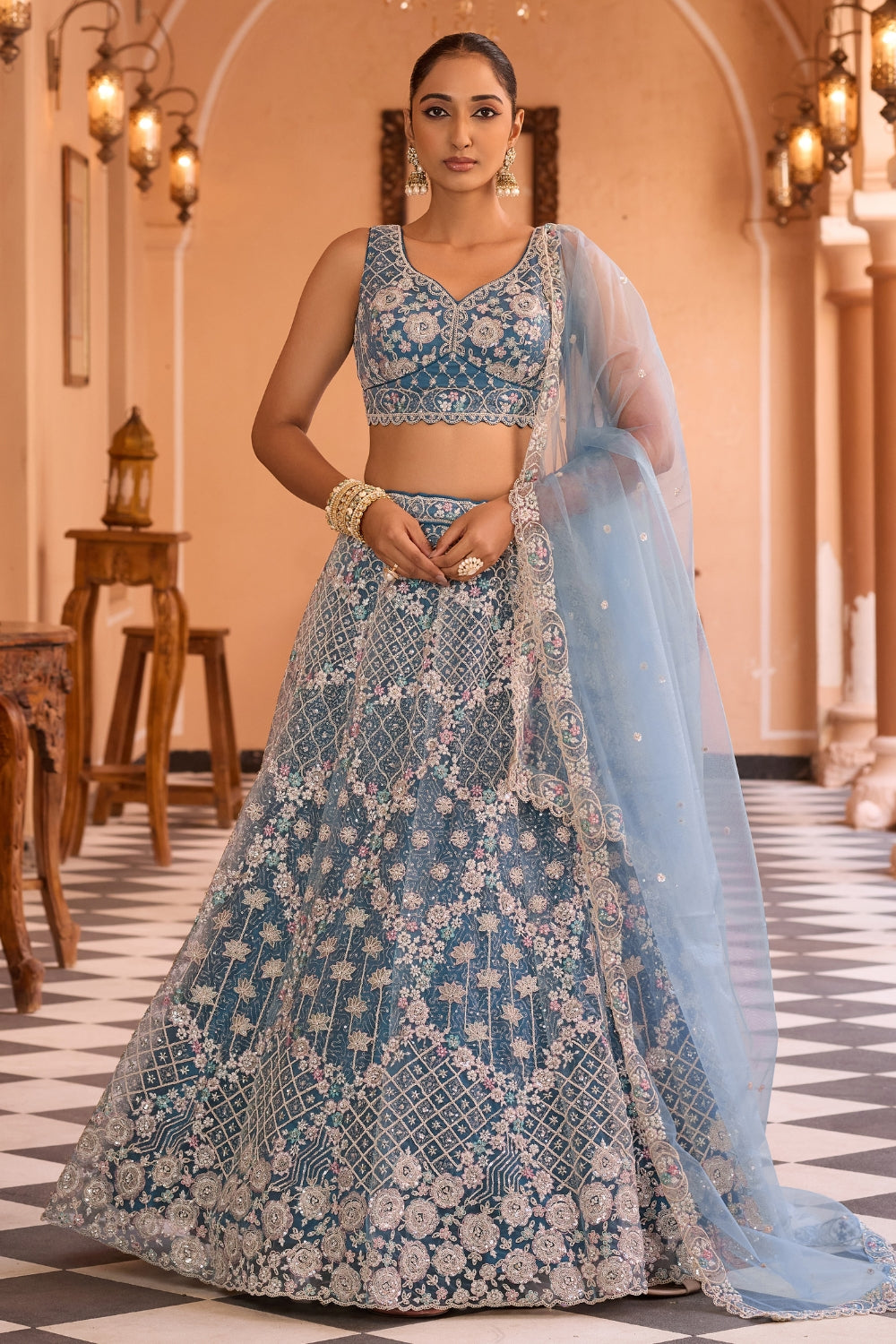 Net Lehenga Set with Resham Embroidery and Sequins Work