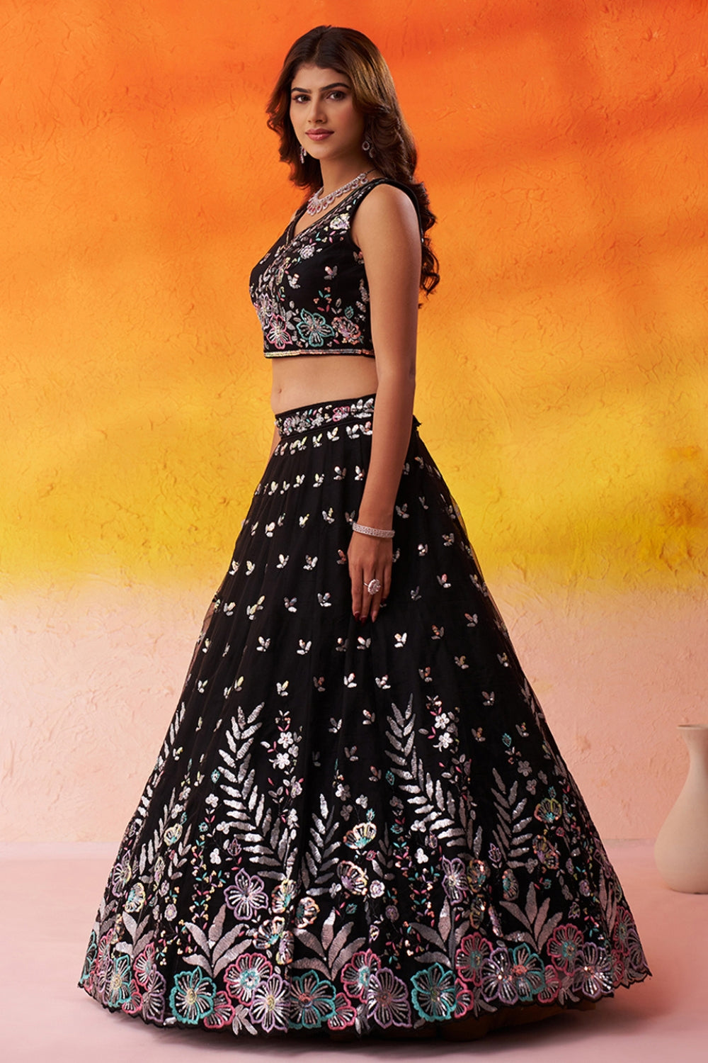 Net Lehenga Set with Resham Embroidery and Sequins Work