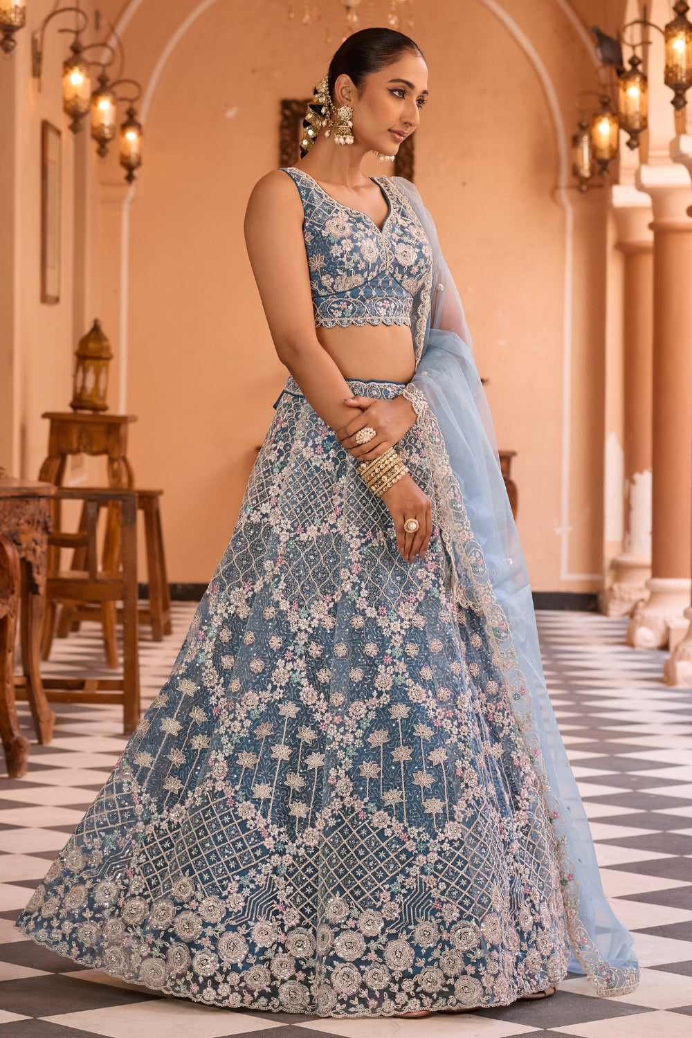 Net Lehenga Set with Resham Embroidery and Sequins Work