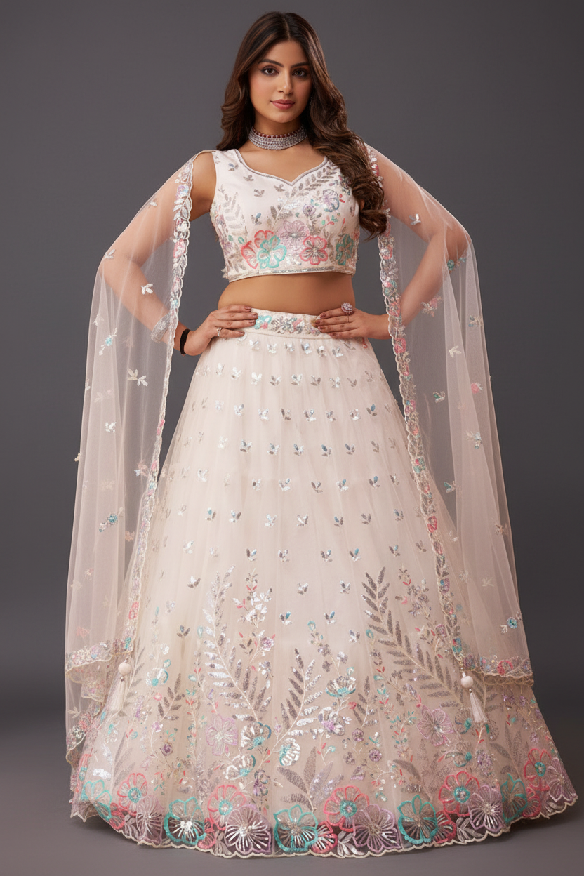 Net Lehenga Set with Resham Embroidery and Sequins Work