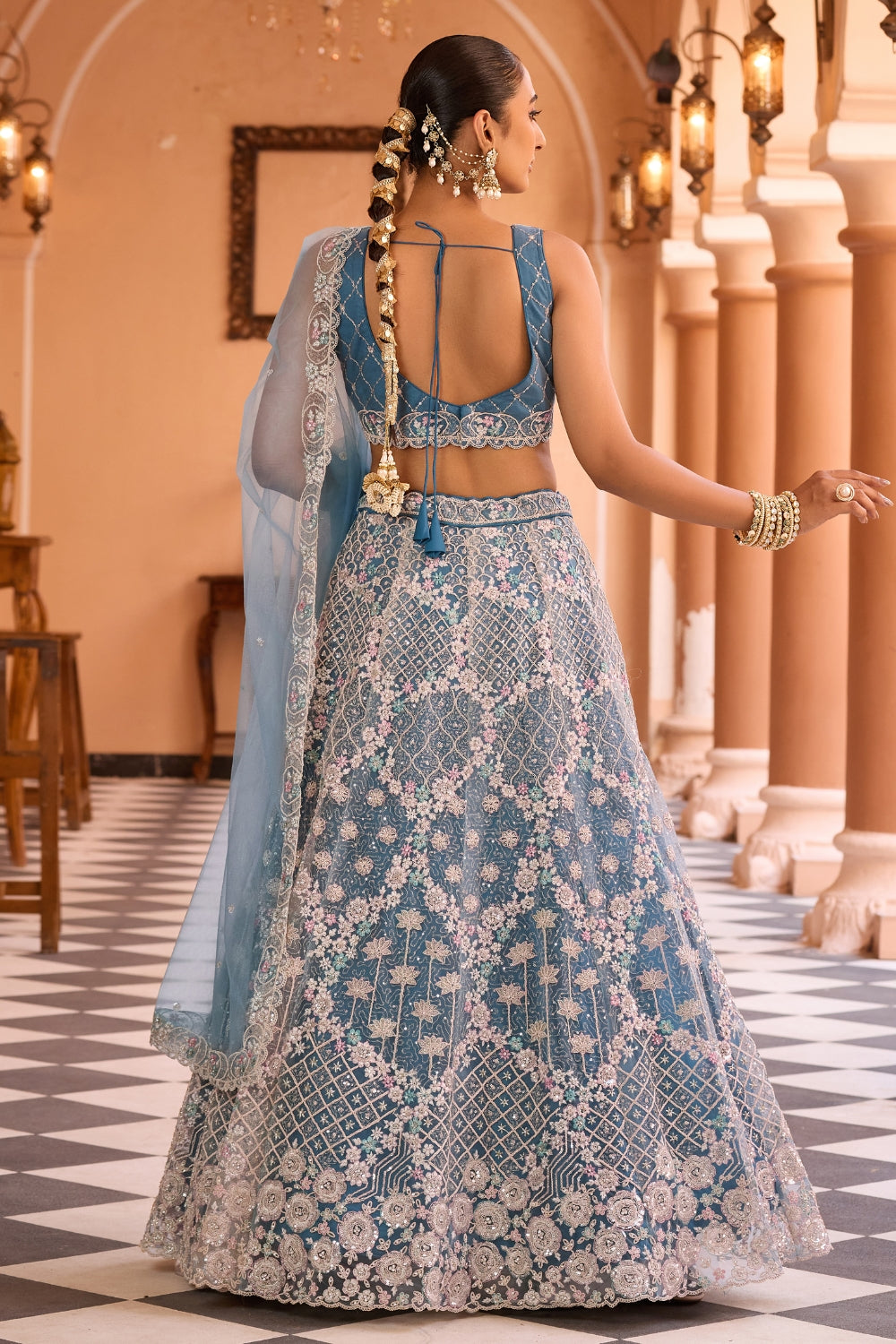 Net Lehenga Set with Resham Embroidery and Sequins Work