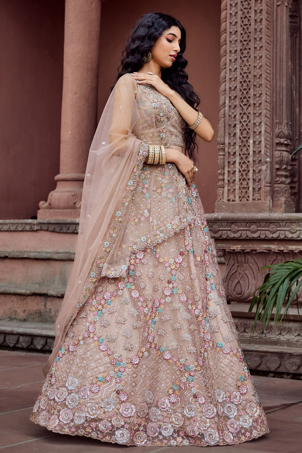 Net Lehenga Set with Resham Embroidery and Sequins Work