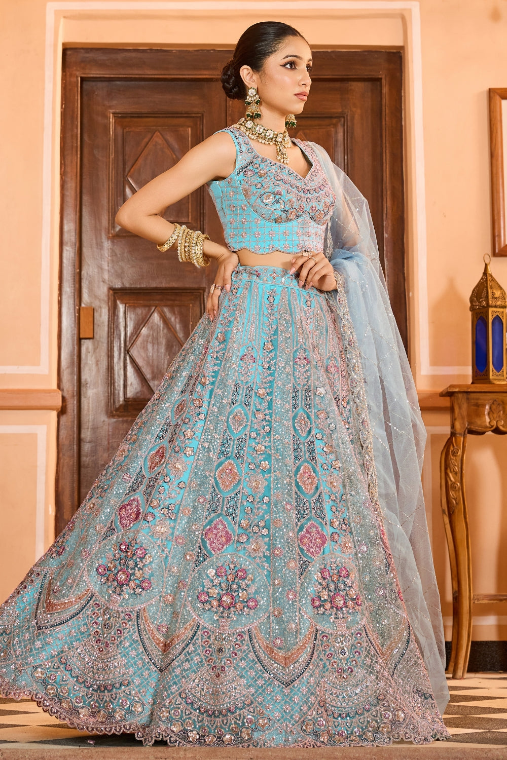 Net Lehenga Set with Resham Embroidery and Stone Work