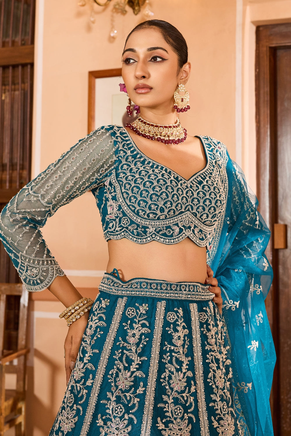 Net Lehenga Set with Resham Embroidery and Stone Work