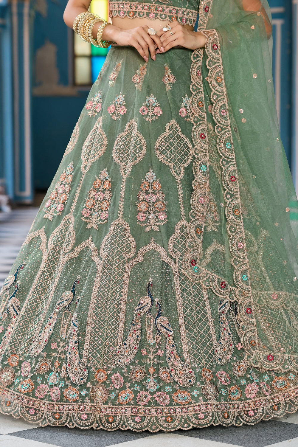 Net Lehenga Set with Resham Embroidery and Stone Work