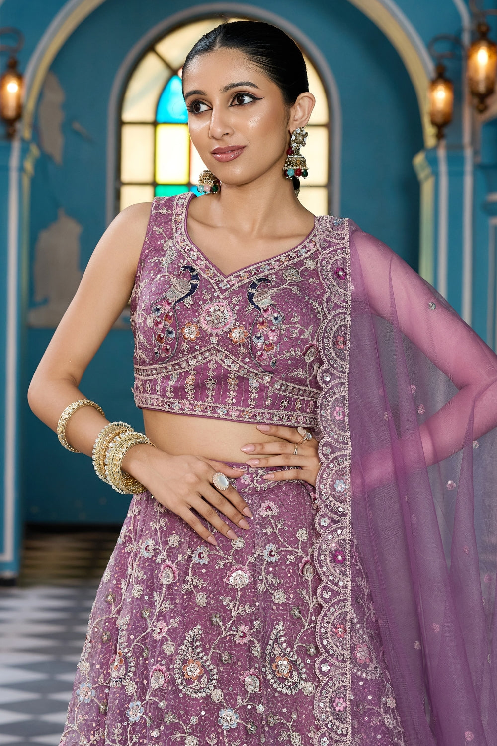 Net Lehenga Set with Resham Embroidery and Stone Work