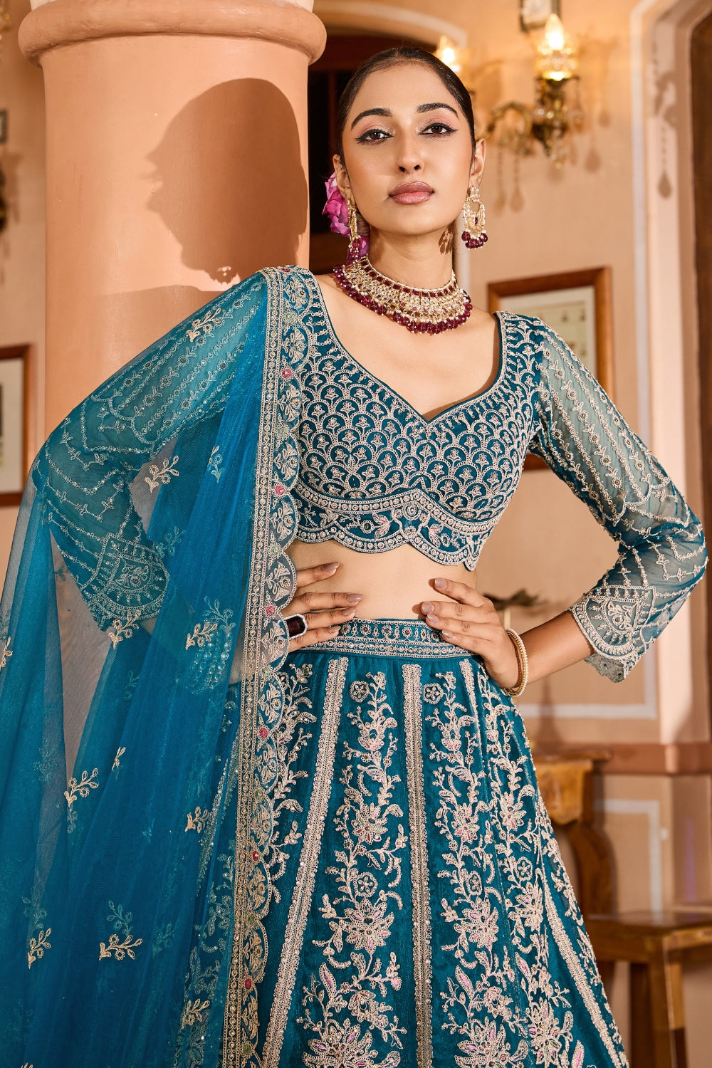 Net Lehenga Set with Resham Embroidery and Stone Work