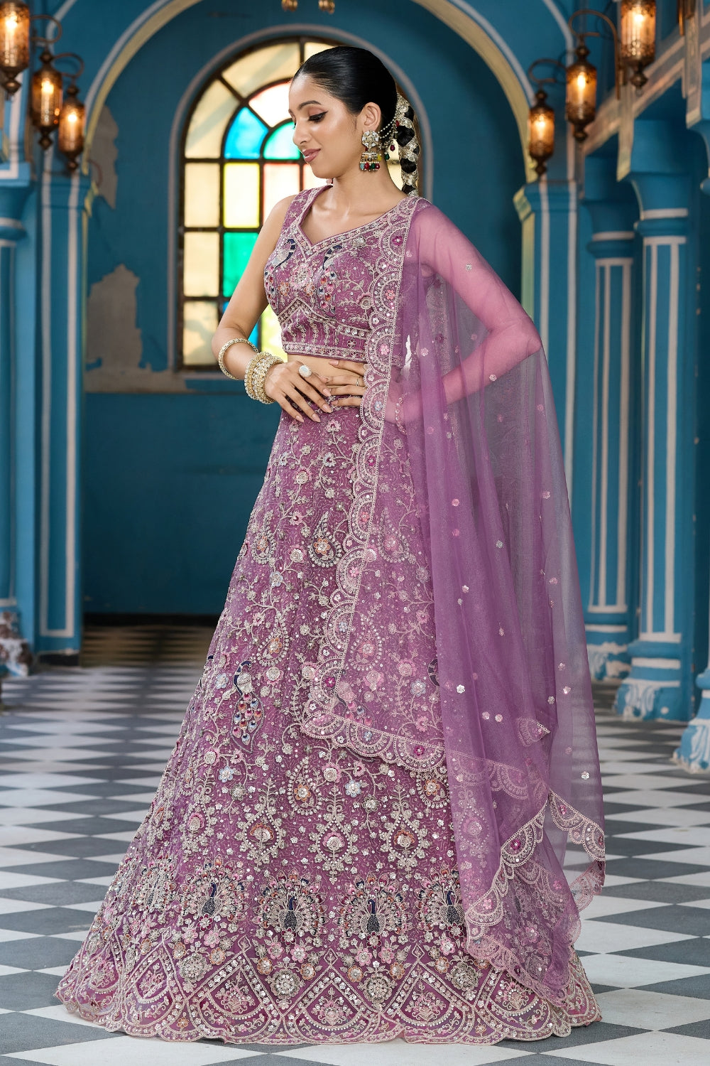 Net Lehenga Set with Resham Embroidery and Stone Work