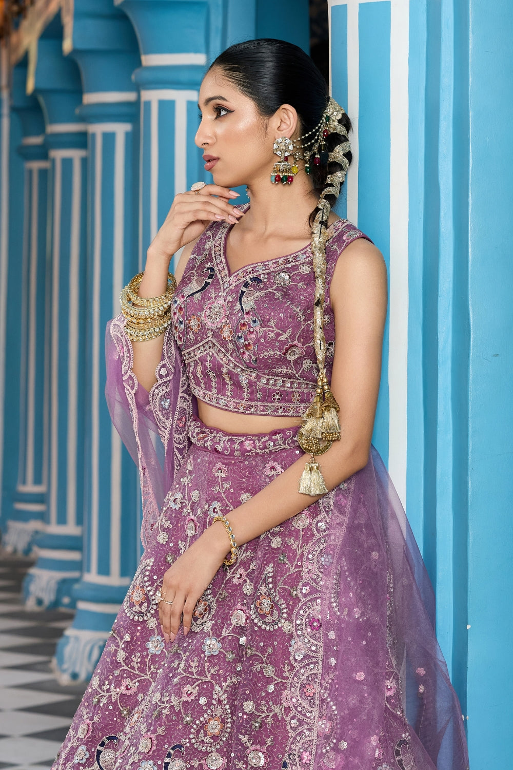Net Lehenga Set with Resham Embroidery and Stone Work
