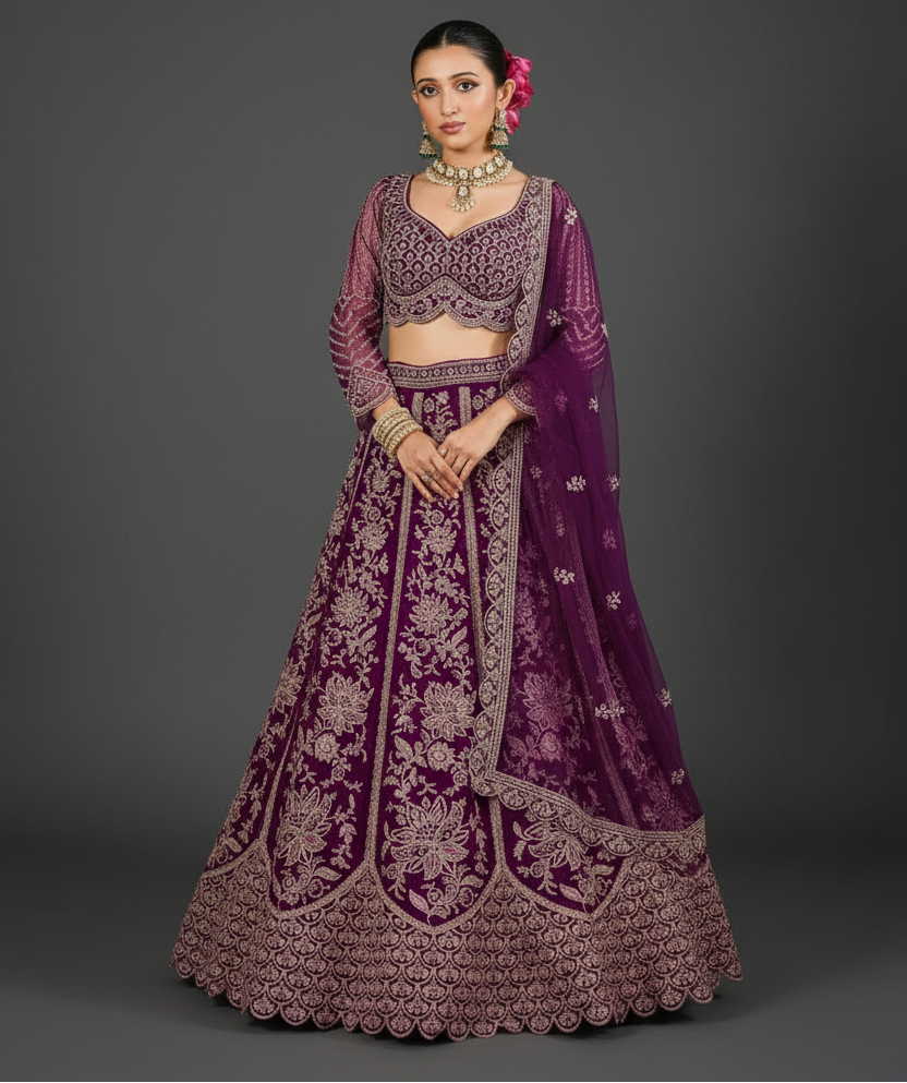Net Lehenga Set with Resham Embroidery and Stone Work